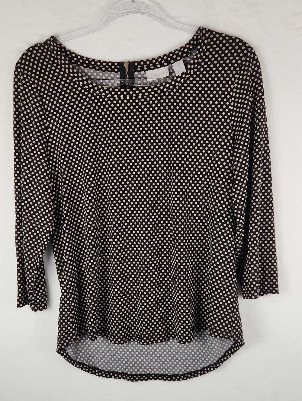 Chico's Black and Cream Polka Dot Top 3/4 Sleeves - Medium / Chico's Size 1